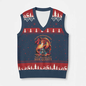 Im Not Procrastinating Im Doing Side Quests V-Neck Knit Sweater Vest Fantasy Gamer Humor Epic Dragon RPG Adventure TS02 Navy Red Print Your Wear