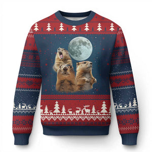 Funny Three Groundhog Meme Ugly Christmas Sweater Woodchucks Under The Moon TS02 Navy Red Print Your Wear