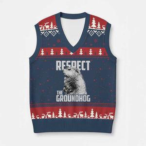 Respect The Groundhog V-Neck Knit Sweater Vest Funny Woodchuck Shadow Meteorlogy TS02 Navy Red Print Your Wear