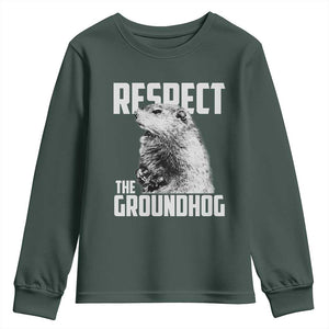 Respect The Groundhog Youth Sweatshirt Funny Woodchuck Shadow Meteorlogy TS02 Dark Forest Green Print Your Wear