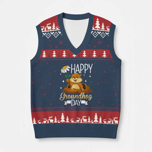Happy Groundhog Day V-Neck Knit Sweater Vest Punxsutawney Phil Groundhog Lover TS02 Navy Red Print Your Wear