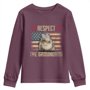 Groundhog Meteorology Youth Sweatshirt Respect The Groundhog Woodchuck Photo GroundHog Day TS02 Maroon Print Your Wear