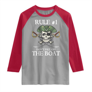 Funny Pirate Raglan Shirt Rule #1 Don't Fall Off The Boat Cruise Party Gift - PrintYourWear Size: XS Color: Sport Gray/Red