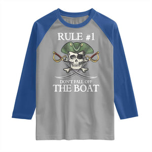 Funny Pirate Raglan Shirt Rule #1 Don't Fall Off The Boat Cruise Party Gift - PrintYourWear Size: XS Color: Sport Gray/Royal