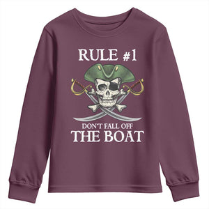 Funny Pirate Youth Sweatshirt Rule #1 Don't Fall Off The Boat Cruise Party Gift - PrintYourWear Size: XS Color: Maroon