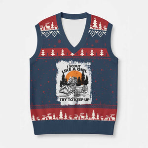 Scout Girl V-Neck Knit Sweater Vest I Scout Like A Girl Try To Keep Up Hiking Camping Scouting Lovers TS02 Navy Red Print Your Wear