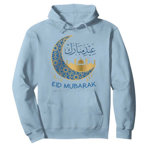 Eid Mubarak Crescent Moon Mosque Hoodie Arabic Calligraphy Islamic Celebration Gift TS02 Light Blue Print Your Wear