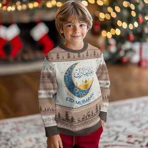 Eid Mubarak Crescent Moon Mosque Ugly Christmas Sweater Arabic Calligraphy Islamic Celebration Gift TS02 Mocha Mousse Print Your Wear