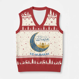 Eid Mubarak Crescent Moon Mosque V-Neck Knit Sweater Vest Arabic Calligraphy Islamic Celebration Gift TS02 Beige Red Print Your Wear