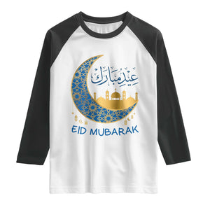 Eid Mubarak Crescent Moon Mosque Raglan Shirt Arabic Calligraphy Islamic Celebration Gift TS02 White Black Print Your Wear