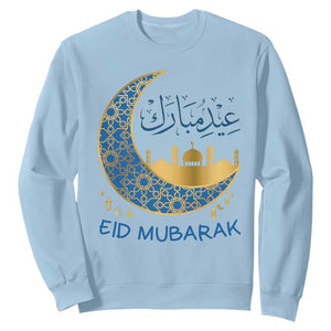 Eid Mubarak Crescent Moon Mosque Sweatshirt Arabic Calligraphy Islamic Celebration Gift TS02 Light Blue Print Your Wear