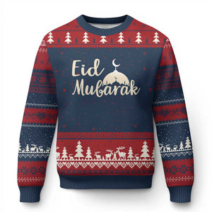 Eid Mubarak Mosque Silhouette Ugly Christmas Sweater Islamic Holiday Celebration TS02 Navy Red Print Your Wear