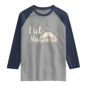 Eid Mubarak Mosque Silhouette Raglan Shirt Islamic Holiday Celebration TS02 Sport Gray Navy Print Your Wear