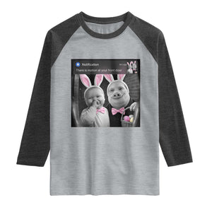 Funny Easter AI Baby with John Pork Meme Raglan Shirt There Is Motion at Your Front Door Notification Humor TS02 Heather Gray Heather Charcoal Print Your Wear