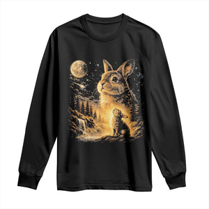 Mystical Moonlit Bunny Graphic Long Sleeve Shirt Glowing Rabbit Under Full Moon Waterfall Nature Scene TS02 Black Print Your Wear