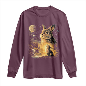 Mystical Moonlit Bunny Graphic Long Sleeve Shirt Glowing Rabbit Under Full Moon Waterfall Nature Scene TS02 Maroon Print Your Wear