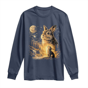 Mystical Moonlit Bunny Graphic Long Sleeve Shirt Glowing Rabbit Under Full Moon Waterfall Nature Scene TS02 Navy Print Your Wear