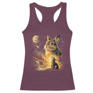 Mystical Moonlit Bunny Graphic Racerback Tank Top Glowing Rabbit Under Full Moon Waterfall Nature Scene TS02 Maroon Print Your Wear