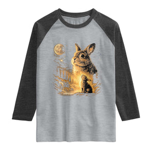 Mystical Moonlit Bunny Graphic Raglan Shirt Glowing Rabbit Under Full Moon Waterfall Nature Scene TS02 Heather Gray Heather Charcoal Print Your Wear