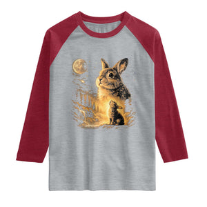 Mystical Moonlit Bunny Graphic Raglan Shirt Glowing Rabbit Under Full Moon Waterfall Nature Scene TS02 Heather Gray Heather Red Print Your Wear