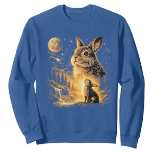 Mystical Moonlit Bunny Graphic Sweatshirt Glowing Rabbit Under Full Moon Waterfall Nature Scene TS02 Royal Blue Print Your Wear