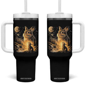 Mystical Moonlit Bunny Graphic Tumbler With Handle Glowing Rabbit Under Full Moon Waterfall Nature Scene TS02 One Size: 40 oz Black Print Your Wear