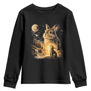Mystical Moonlit Bunny Graphic Youth Sweatshirt Glowing Rabbit Under Full Moon Waterfall Nature Scene TS02 Black Print Your Wear