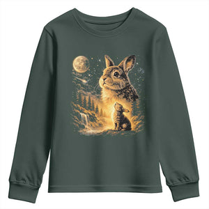 Mystical Moonlit Bunny Graphic Youth Sweatshirt Glowing Rabbit Under Full Moon Waterfall Nature Scene TS02 Dark Forest Green Print Your Wear