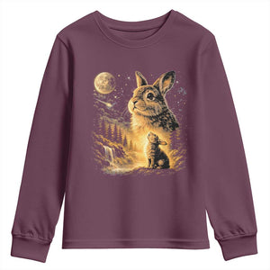 Mystical Moonlit Bunny Graphic Youth Sweatshirt Glowing Rabbit Under Full Moon Waterfall Nature Scene TS02 Maroon Print Your Wear
