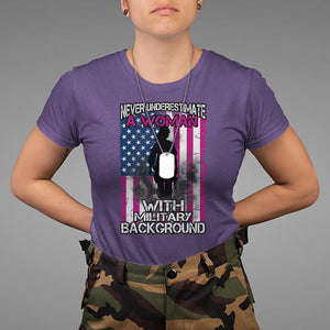Female Veteran T Shirt Never Underestimate A Woman With Military Background American Flag TS02 Purple Printyourwear