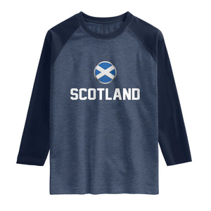 Scotland Round Saltire Flag Emblem Raglan Shirt Classic Varsity Typography Sports Fans