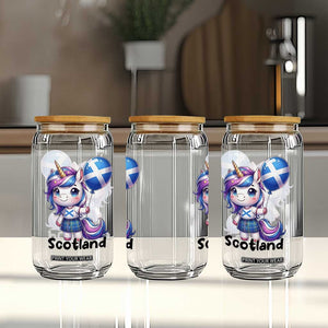 Cute Unicorn Wearing Tartan Kilt Holding Saltire Flag Graphic Glass Can