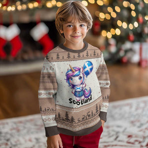 Cute Unicorn Wearing Tartan Kilt Holding Saltire Flag Graphic Ugly Christmas Sweater