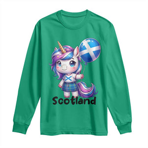 Cute Unicorn Wearing Tartan Kilt Holding Saltire Flag Graphic Long Sleeve Shirt
