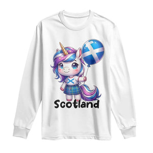 Cute Unicorn Wearing Tartan Kilt Holding Saltire Flag Graphic Long Sleeve Shirt