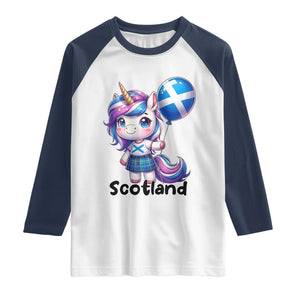 Cute Unicorn Wearing Tartan Kilt Holding Saltire Flag Graphic Raglan Shirt