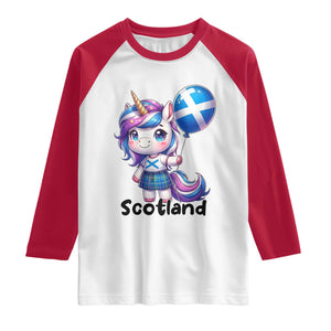 Cute Unicorn Wearing Tartan Kilt Holding Saltire Flag Graphic Raglan Shirt