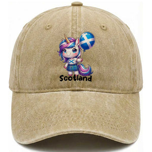 Cute Unicorn Wearing Tartan Kilt Holding Saltire Flag Graphic Washed Cotton Baseball Cap