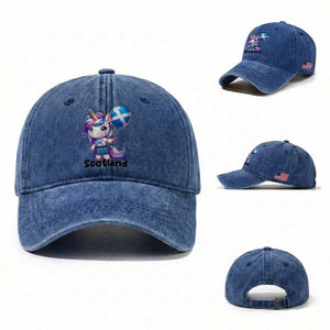 Cute Unicorn Wearing Tartan Kilt Holding Saltire Flag Graphic Washed Cotton Baseball Cap