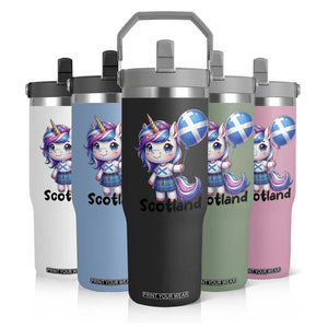 Cute Unicorn Wearing Tartan Kilt Holding Saltire Flag Graphic Flip Straw Tumbler