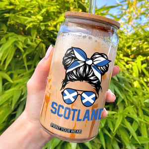 Scotland Messy Bun Hair Saltire Flag Ribbon Bow Glass Can Scottish Pride for Girls Women
