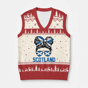 Scotland Messy Bun Hair Saltire Flag Ribbon Bow V-Neck Knit Sweater Vest Scottish Pride for Girls Women