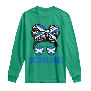 Scotland Messy Bun Hair Saltire Flag Ribbon Bow Long Sleeve Shirt Scottish Pride for Girls Women