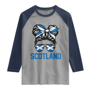 Scotland Messy Bun Hair Saltire Flag Ribbon Bow Raglan Shirt Scottish Pride for Girls Women