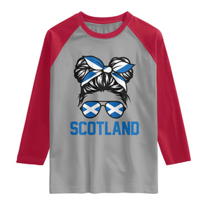 Scotland Messy Bun Hair Saltire Flag Ribbon Bow Raglan Shirt Scottish Pride for Girls Women