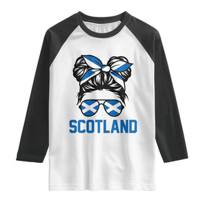 Scotland Messy Bun Hair Saltire Flag Ribbon Bow Raglan Shirt Scottish Pride for Girls Women