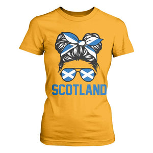 Scotland Messy Bun Hair Saltire Flag Ribbon Bow T Shirt For Women Scottish Pride for Girls Women