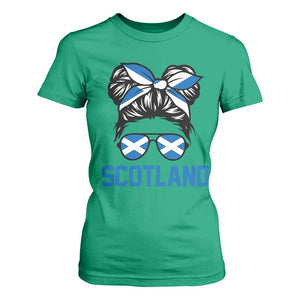 Scotland Messy Bun Hair Saltire Flag Ribbon Bow T Shirt For Women Scottish Pride for Girls Women
