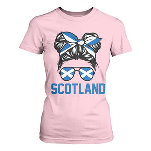Scotland Messy Bun Hair Saltire Flag Ribbon Bow T Shirt For Women Scottish Pride for Girls Women