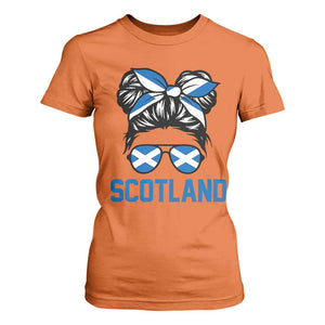 Scotland Messy Bun Hair Saltire Flag Ribbon Bow T Shirt For Women Scottish Pride for Girls Women